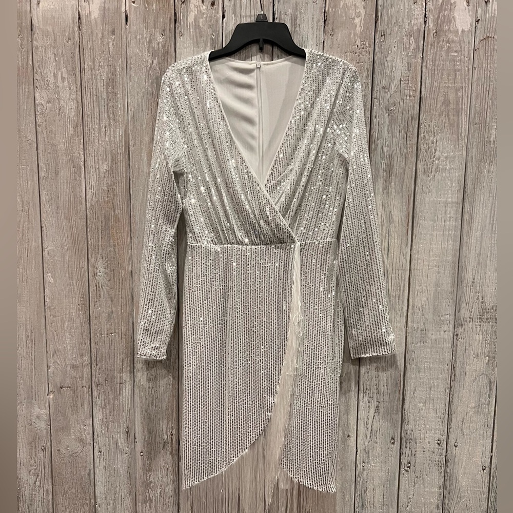 SHEIN Bae New, White/ Sequins, Fringe Dress